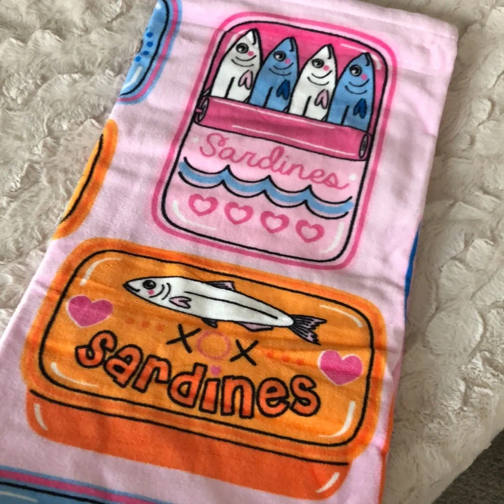 Betsey Johnson Pink Blue SARDINES Fish Print Beach Towel